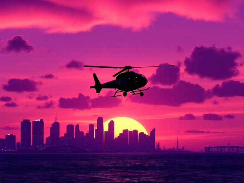 Vice City-skyline i solnedgang med helikopter